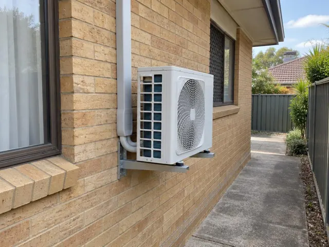 Outdoor split-system unit mounted on a brick house wall beside a window and side path in Elizabeth Park